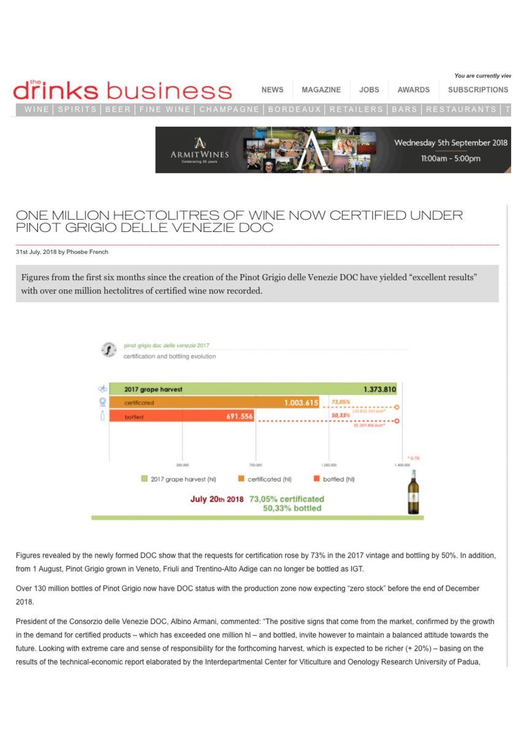 Luglio 2018 – One million hectoliters now certified under pinot grigio delle venezie doc – the drinksbusiness