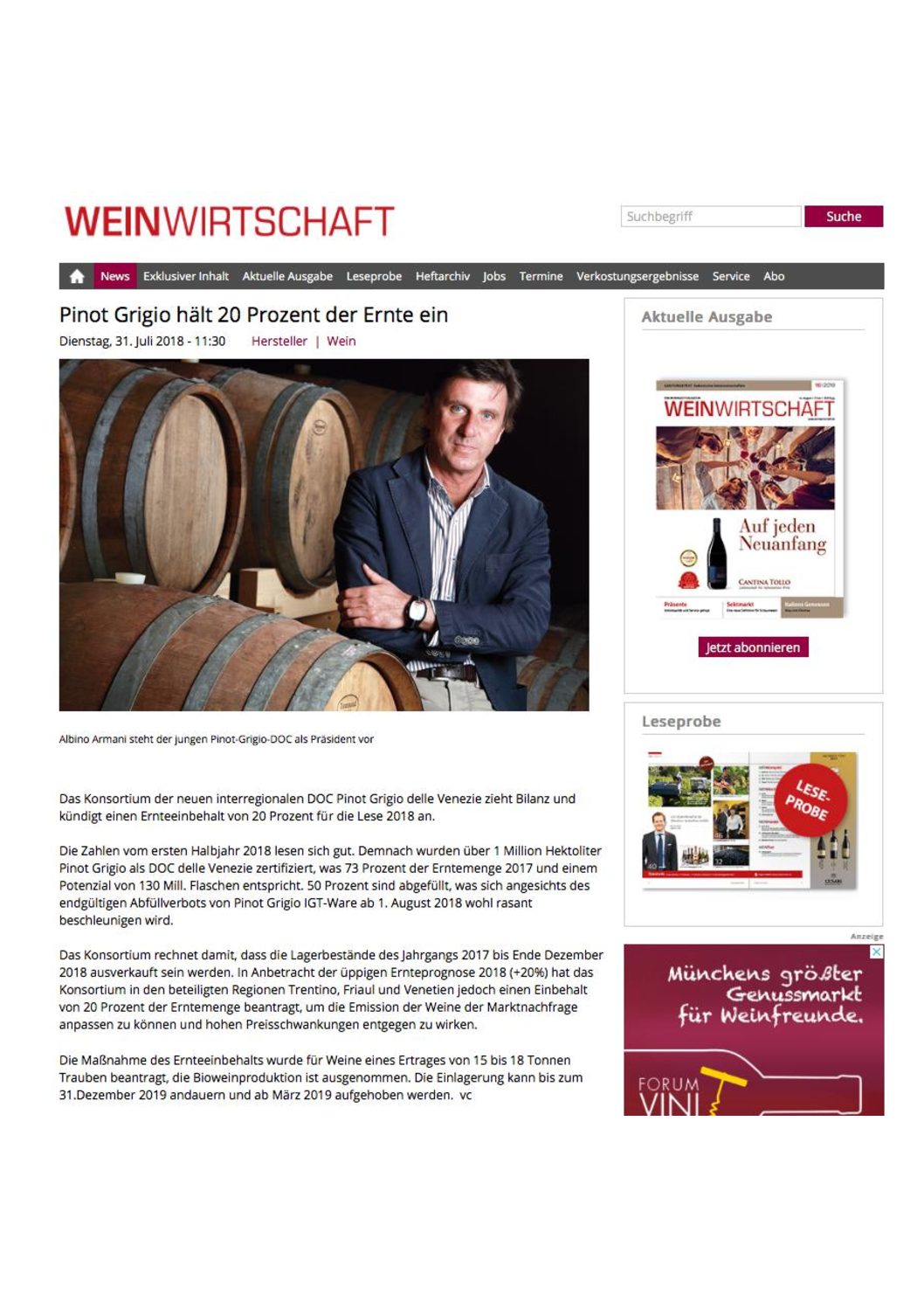 31 Luglio 2018 – Pinot grigio halt 20 prozent der ernte ein