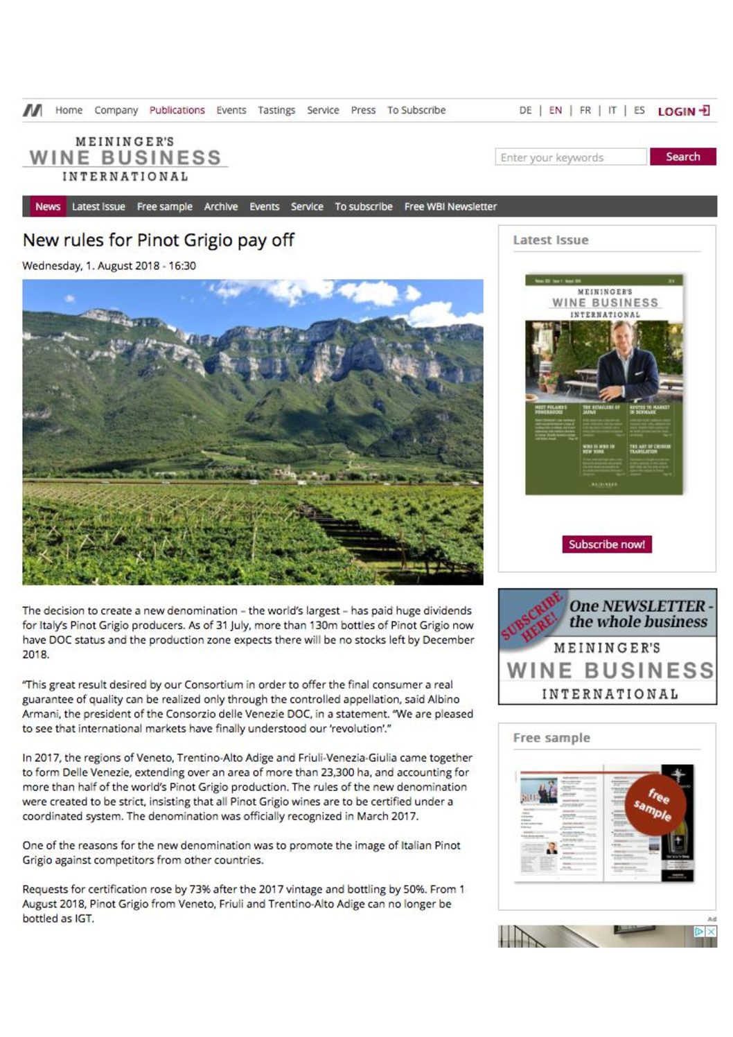 1 agosto 2018 – New Rules for Pinot grigio pay off – Meininger’s Wine Business International