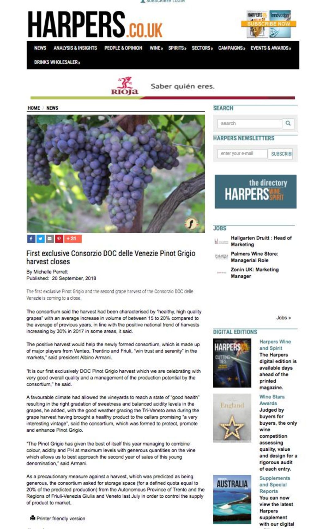 20 settembre 2018 – first exclusive Consorzio DOC delle Venezie Pinot grigio harvest closes – Harpes UK