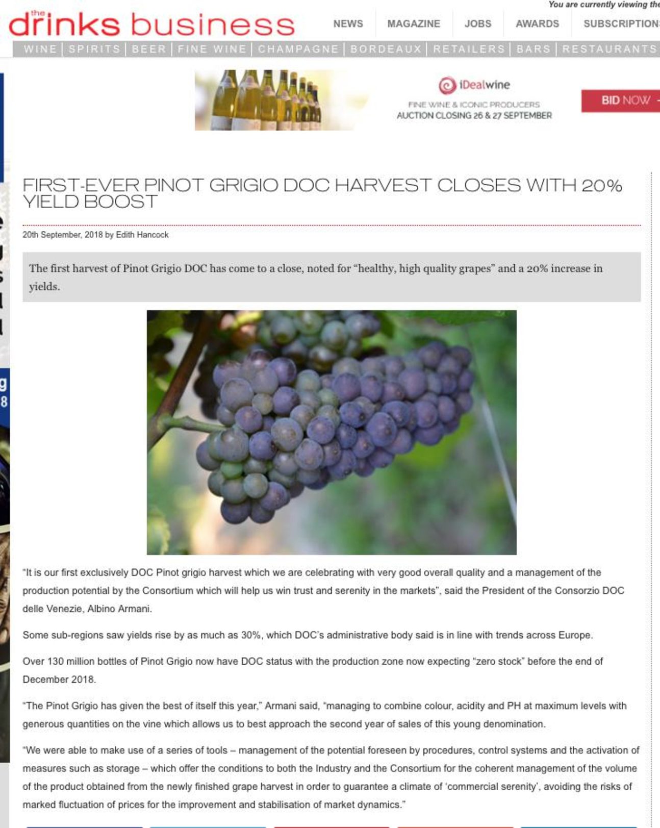 20 settembre 2018 – First-ever Pinot grigio DOC harvest closes with 20% yield boost