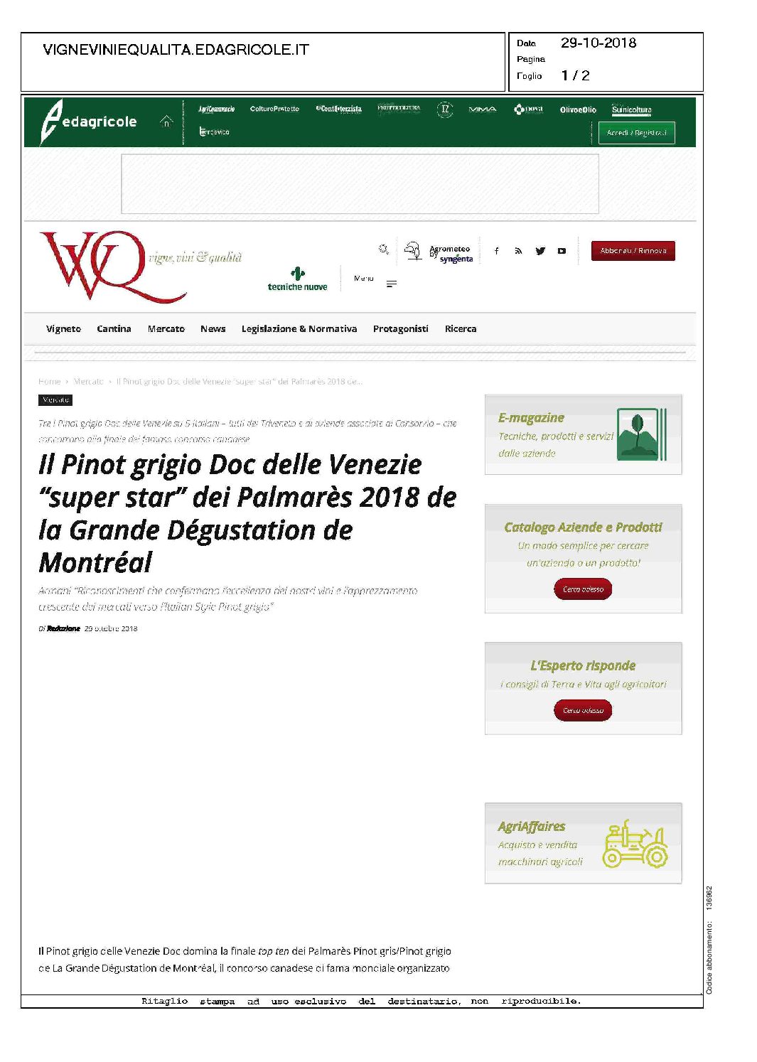 29 ottobre 2018 – Il Pinot grigio DOC delle Venezie Superstar ai Palmares de Degustation de Montreal – VVQ