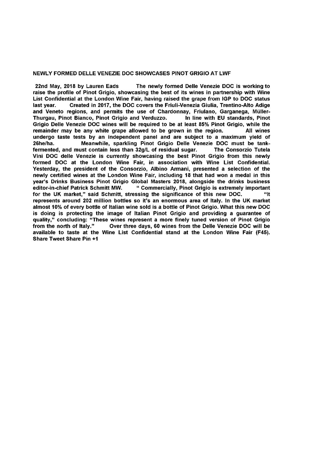 22 maggio 2018 – newly formed delle venezie doc showcases pinot grigio at lwf – the drinksbusiness