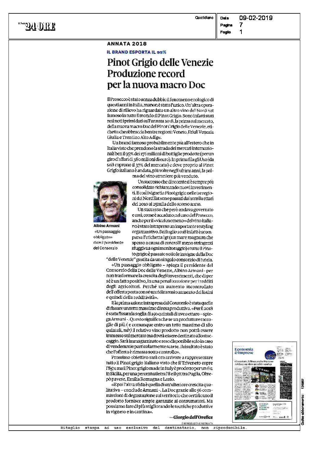 9 febbraio 2019 – Pinot grigio delle Venezie produzione da record per la nuova macro doc – il Sole 24 ore