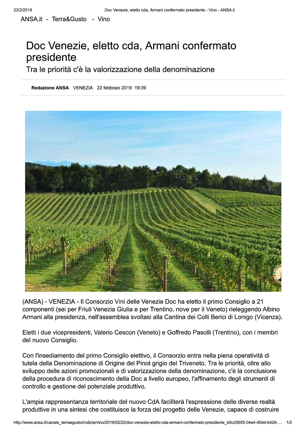 23 febbraio 2019 – DOC delle Venezie, eletto CDA, confermato Armani Presidente – ANSA