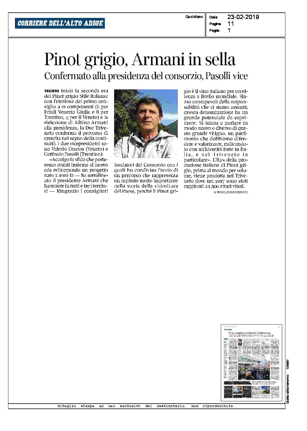 23 Febbraio 2019 – Pinot grigio, Armani in sella – Corriere dell’Alto Adige