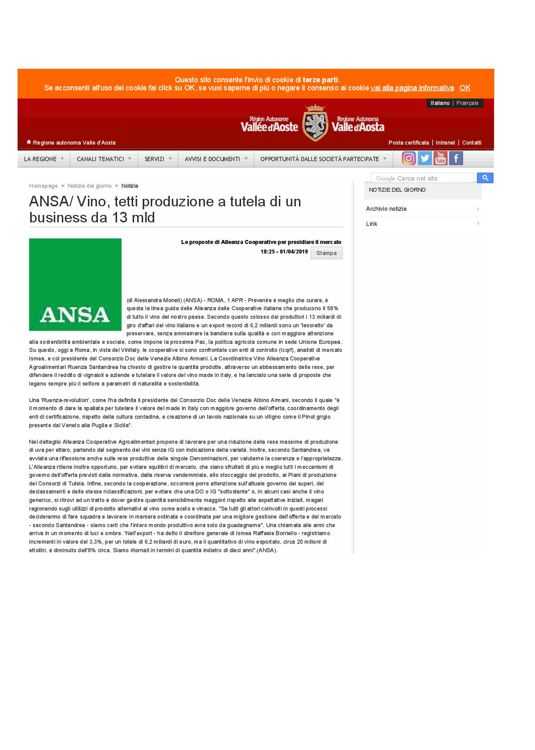 2 aprile 2019 – ANSA/ Vino, tetti produzione a tutela di un business da 13 mld