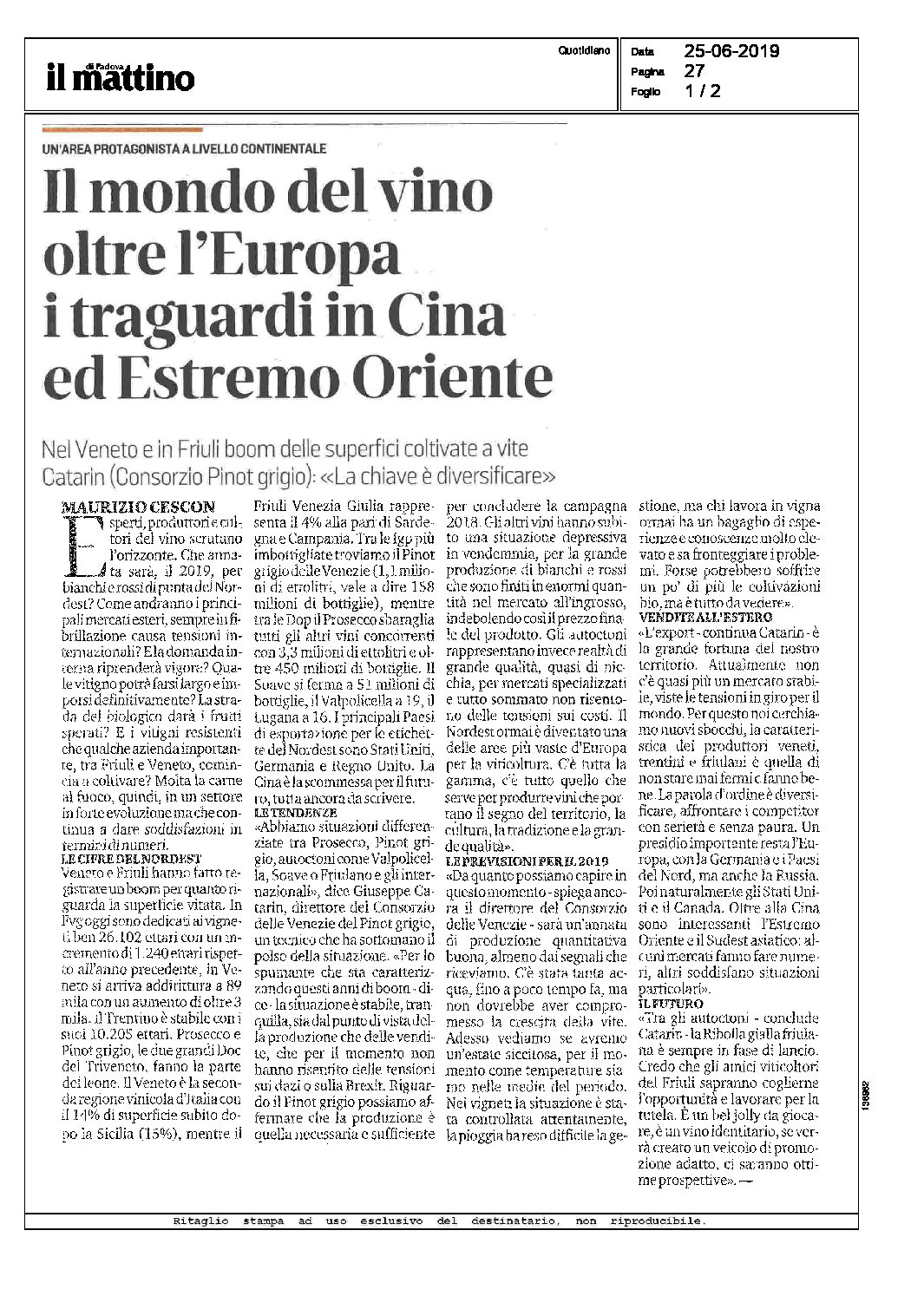 19 giugno 2019 – il Mattino di Padova, il Mondo del Vino Oltre l’Europa