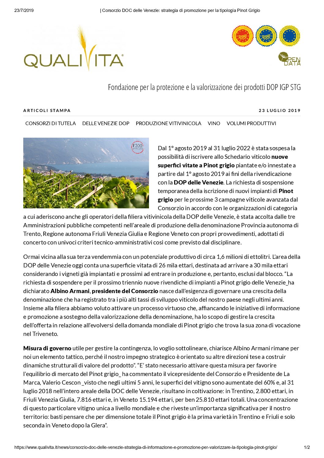 19 luglio 2019 – Qualivita, sospensione delle idoneità per la DOC delle Venezie
