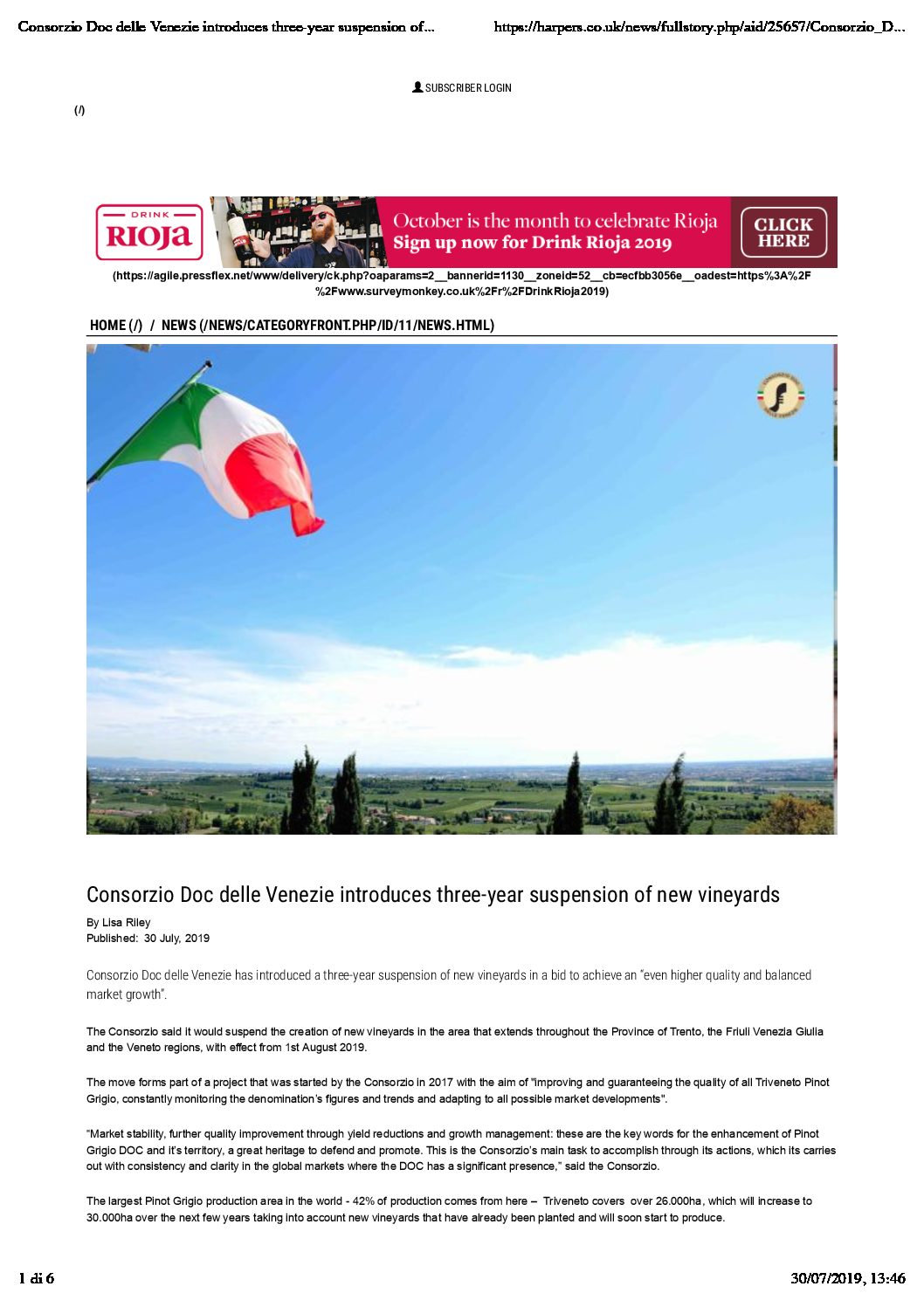 30 luglio 2019 – Harpers, Consorzio Doc delle Venezie introduces three-year suspension of new vineyards
