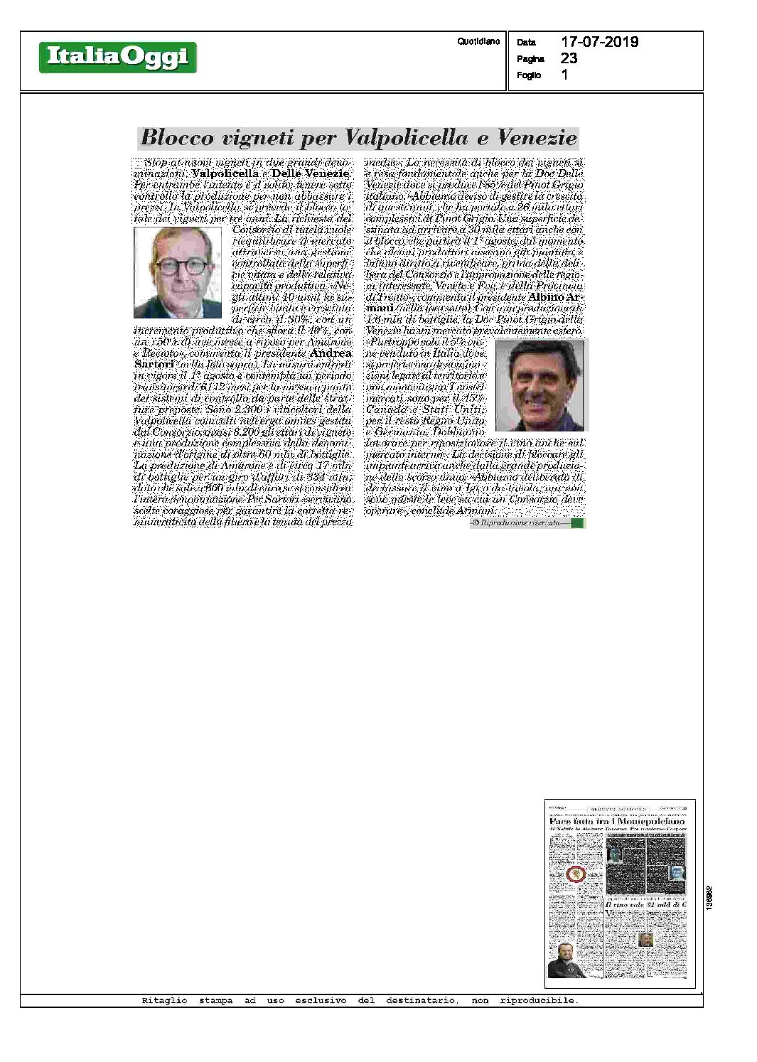 1 agosto – Italia Oggi, blocco dei Vigneti per Valpolicella e delle Venezie