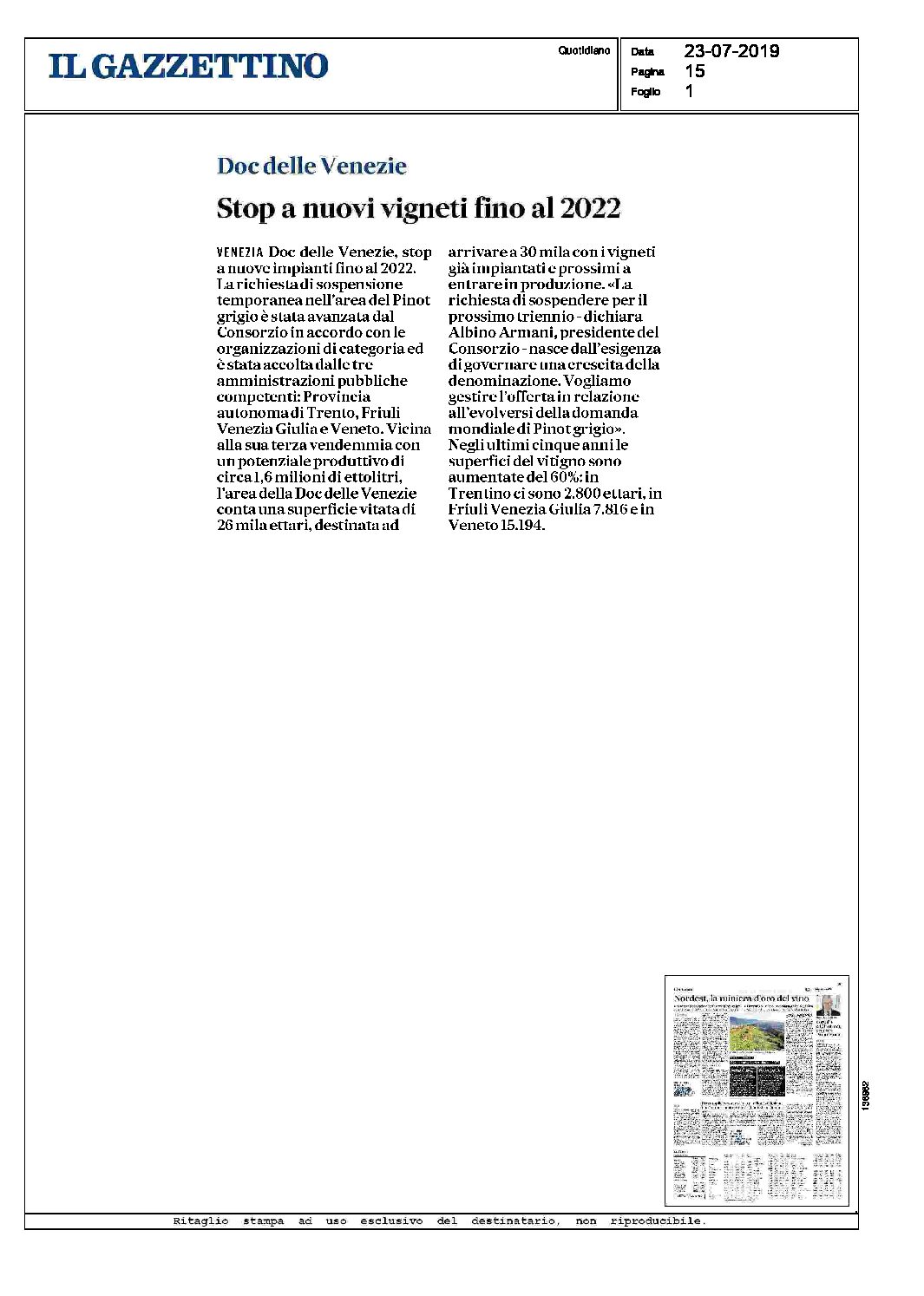 1 agosto 2019 – il Gazzettino, Stop a nuovi vigneti fino al 2022