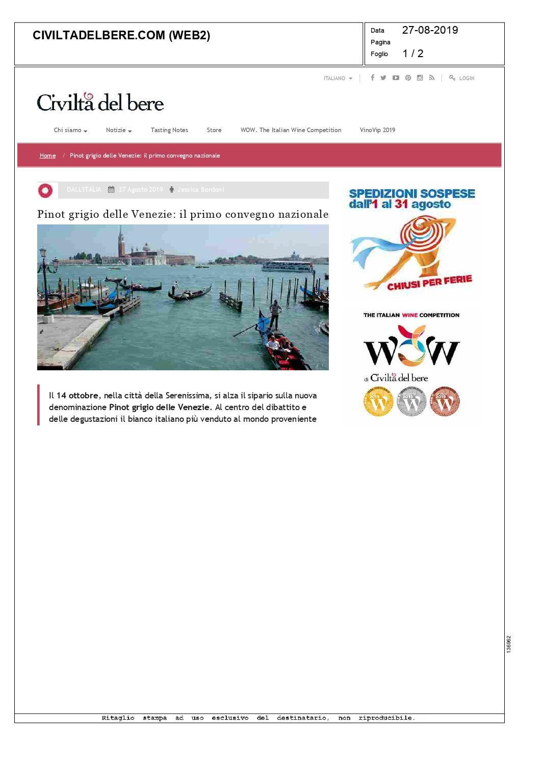 19 agosto 2019 – Civiltà del bere, Pinot grigio delle Venezie: il primo convegno nazionale