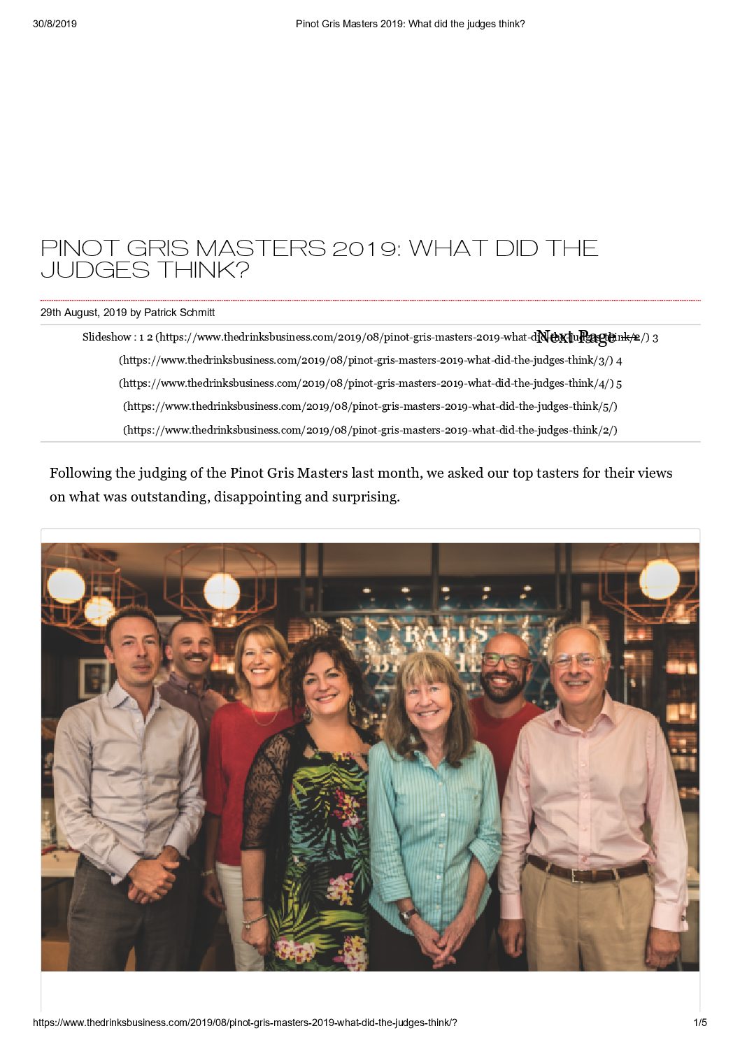 19 agosto 2019 – the drinksbusiness, PINOT GRIS MASTERS 2019: WHAT DID THE JUDGES THINK?