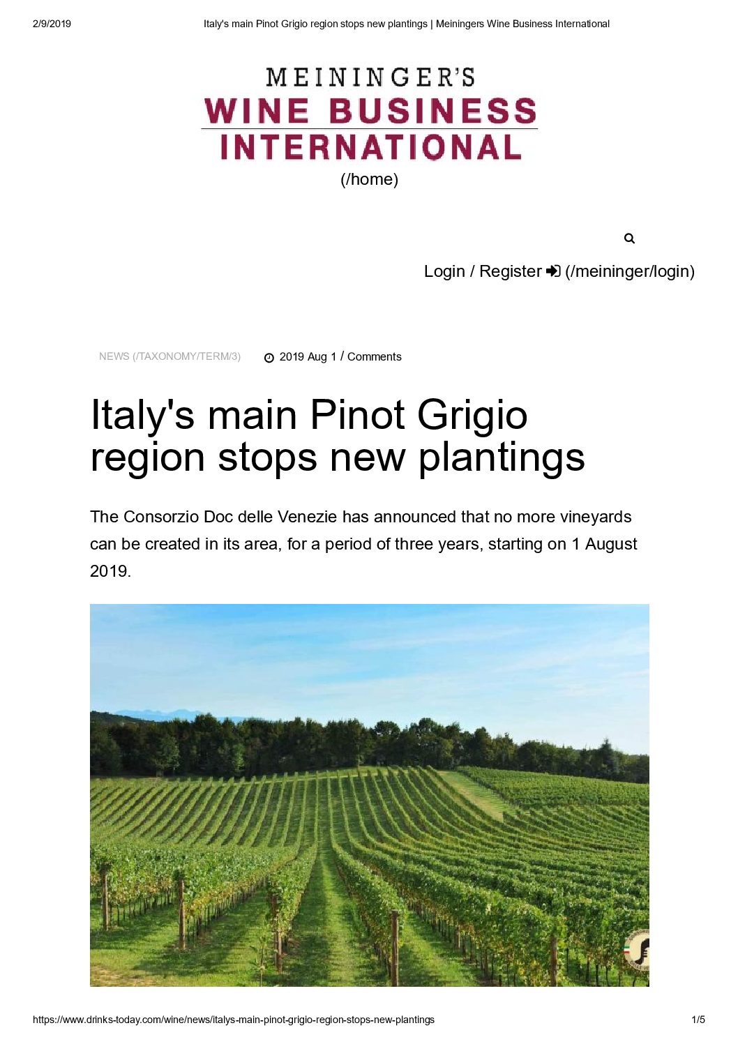 19 agosto 2019 – Meininger’s, Italy’s main Pinot Grigio region stops new plantings