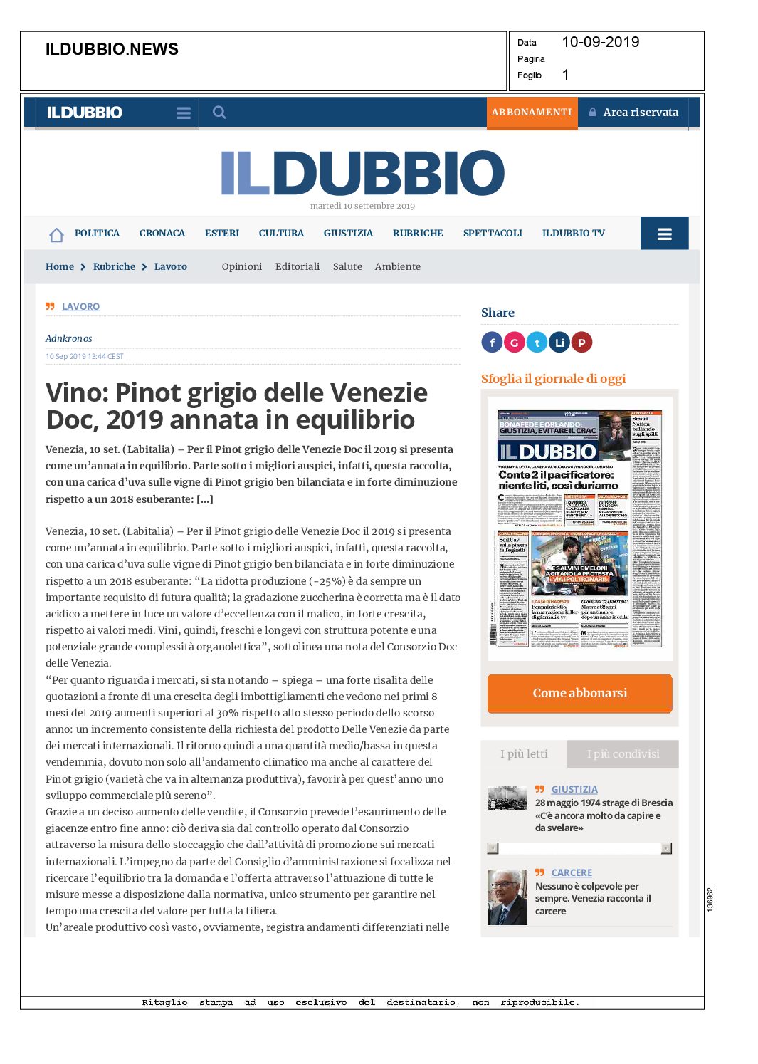 19 settembre 2019 – Il Dubbio, Vino: Pinot grigio delle Venezie Doc, 2019 annata in equilibrio