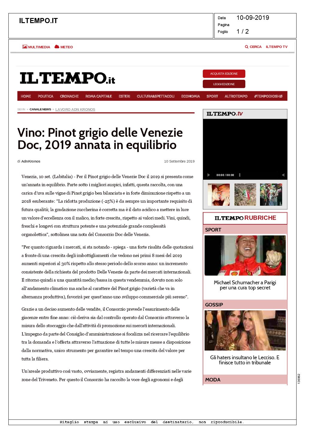 19 settembre 2019 – il Tempo, Vino: Pinot grigio delle Venezie Doc, 2019 annata in equilibrio