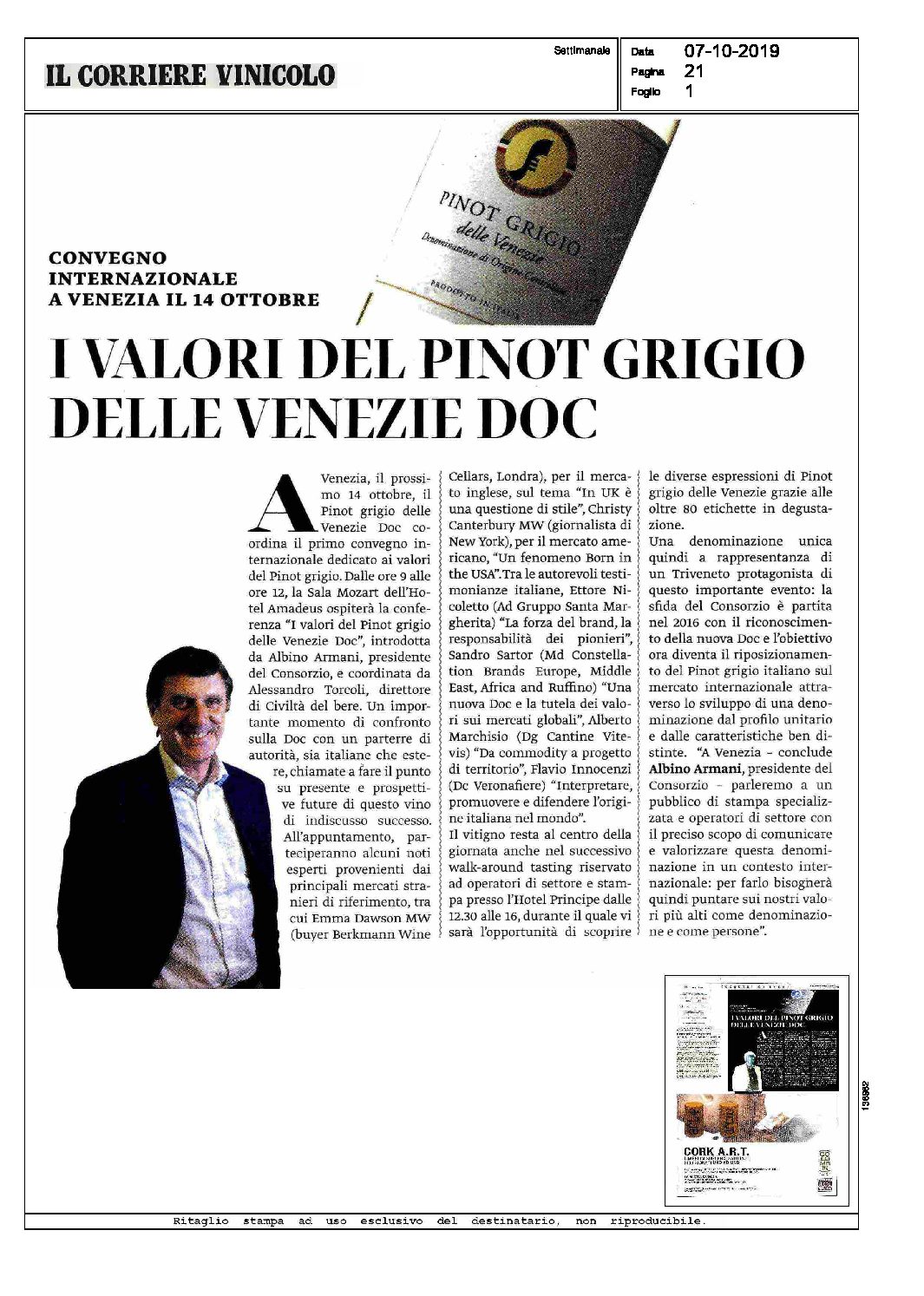 19 ottobre 2019 – Corriere Vinicolo, il Valore del Pinot grigio delle Venezie DOC