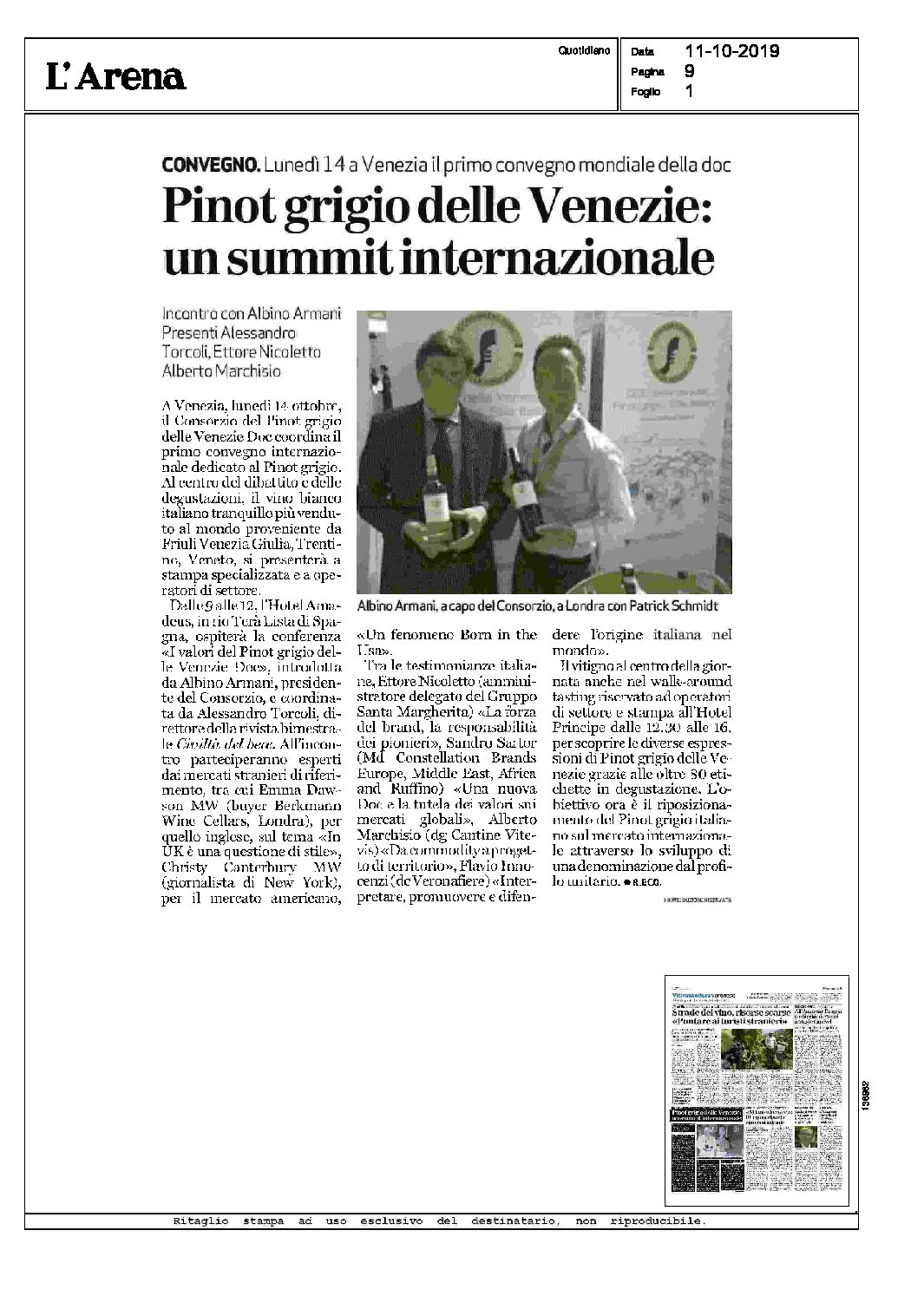 19 ottobre 2019 – l’Arena di Verona, Pinot grigio delle Venezie, un summit internazionale