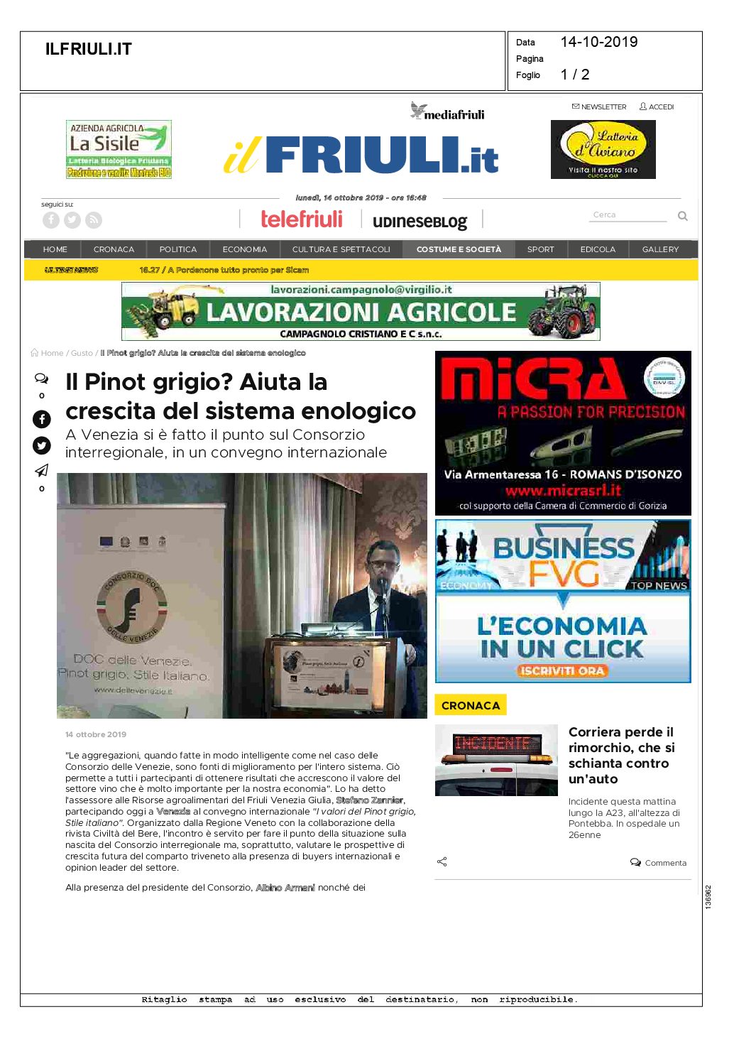 15 ottobre 2019 – il Friuli, Il Pinot grigio? Aiuta la 0 crescita del sistema enologico