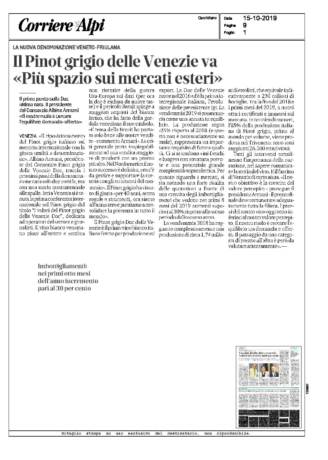 15 ottobre 2019 – Corriere delle Alpi, il Pinot grigio delle Venezie va, “più spazio sui mercati esteri”