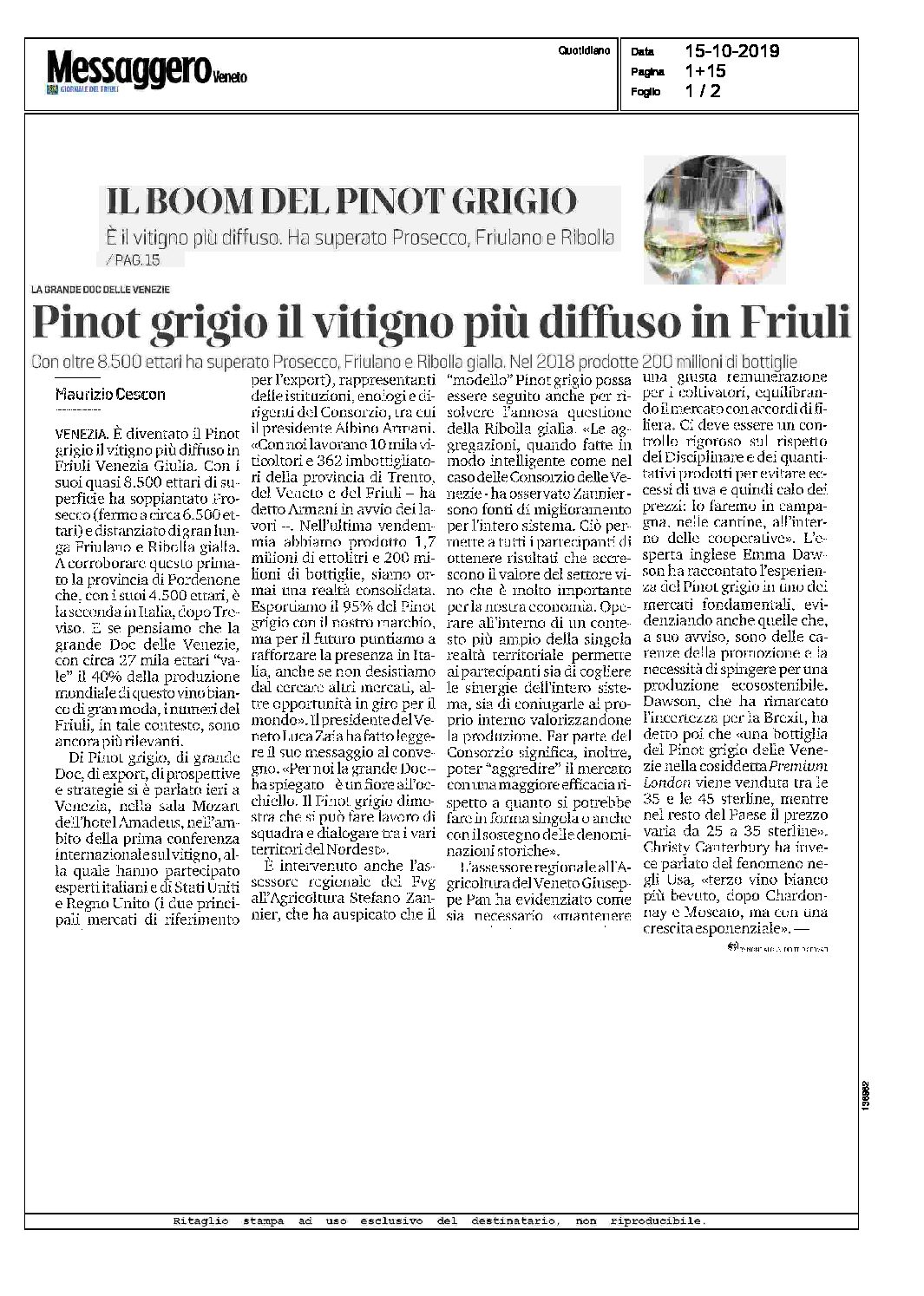 15 ottobre 2019 – Messaggero Veneto, Pinot grigio, il vitigno più diffuso in Friuli