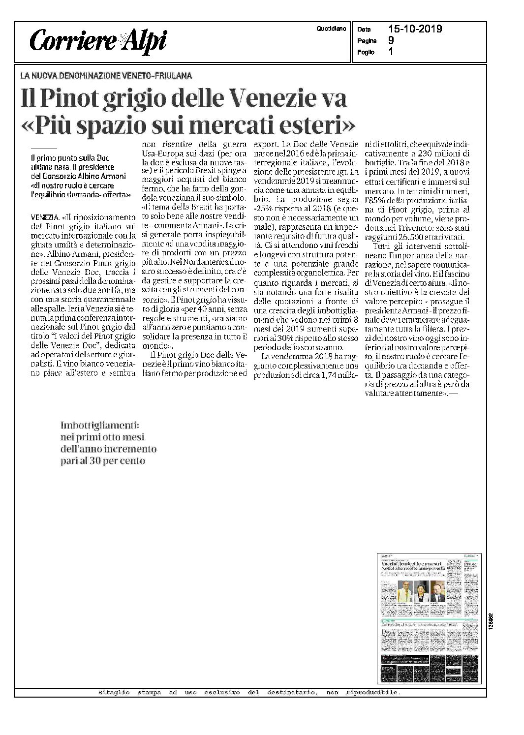 15 ottobre 2019 – Corriere delle Alpi, Pinot grigio delle Venezie va “più Spazio sui mercati esteri”