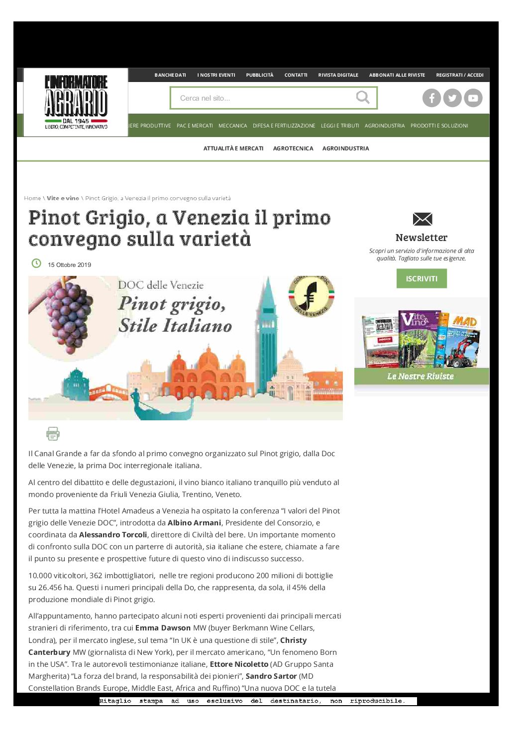 15 ottobre 2019 – Informatore Agrario, Pinot Grigio, a Venezia il primo convegno sulla varietà