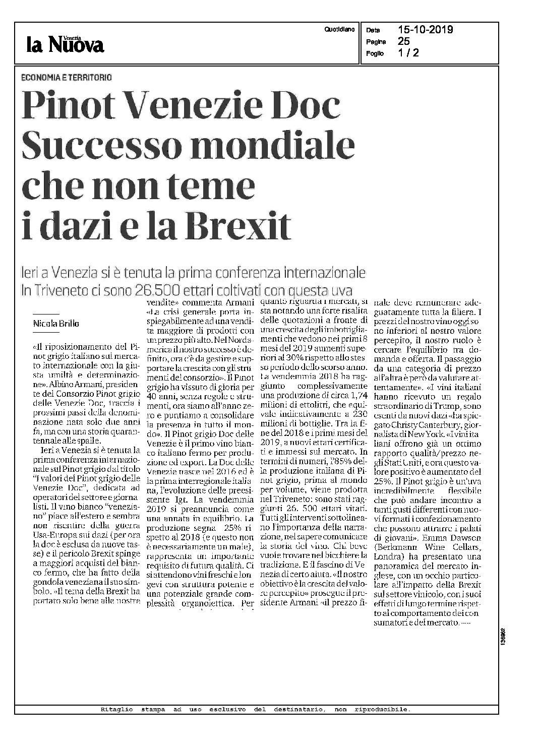 15 ottobre 2019 – La Nuova Venezia, Pinot grigio delle Venezie, Successo Mondiale che non teme i dazi e la brexit