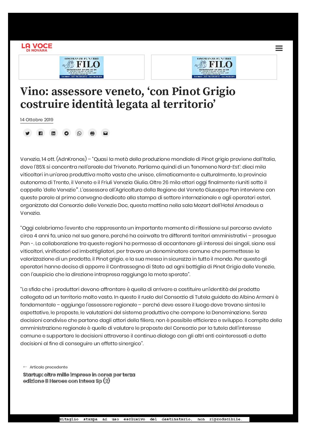 19 ottobre 2019 – La Voce di Novara, Assessore Veneto: con pinot grigio Costruire una identità legata al Territorio