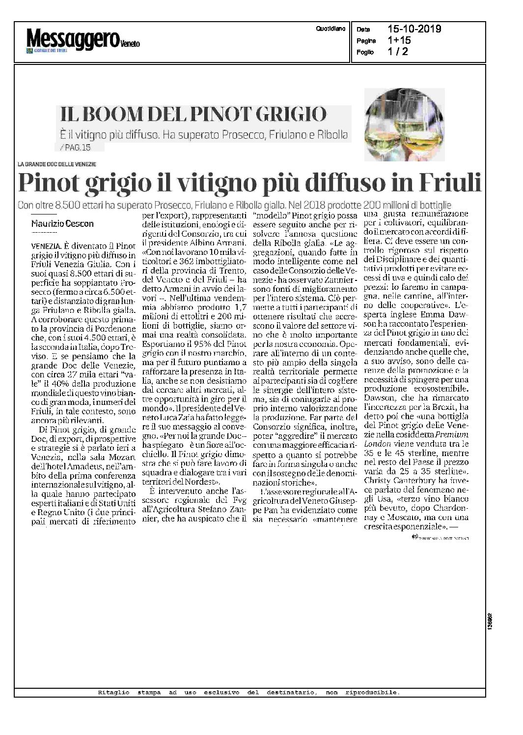 19 ottobre 2019 – Messaggero, Pinot grigio, il Vitigno più diffuso in Friuli