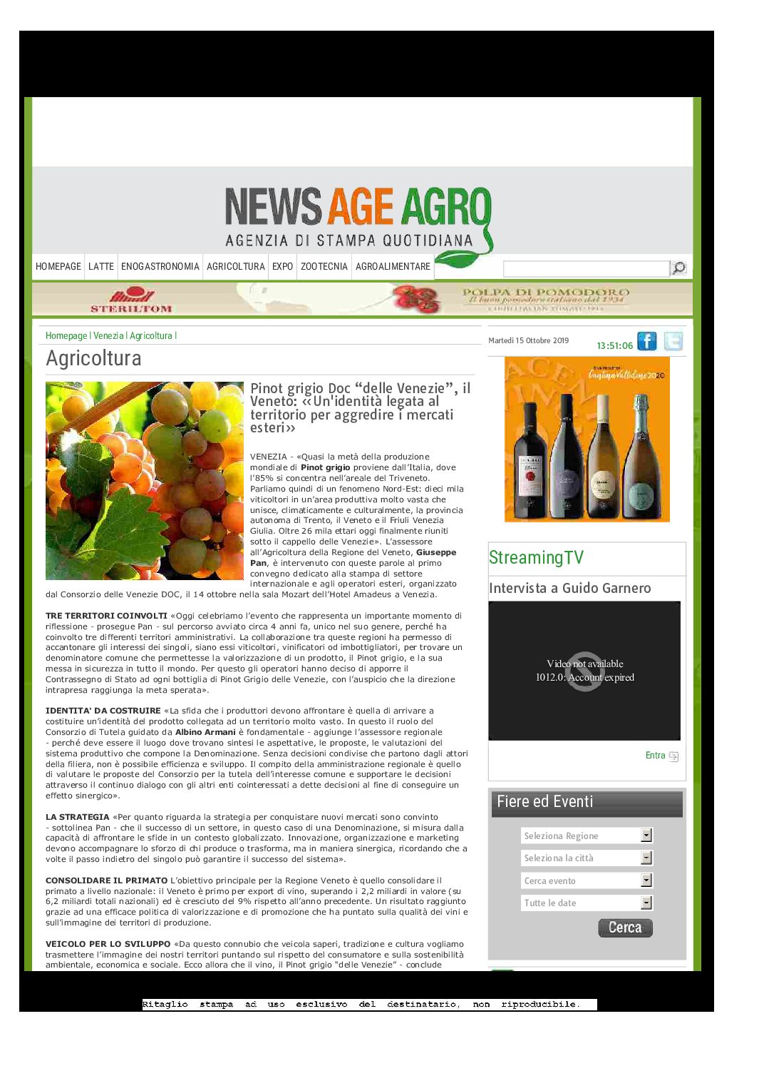 19 ottobre 2019 – Newsagro.it, Pinot grigio Doc “delle Venezie”, il Veneto: «Un’identità legata al territorio per aggredire i mercati esteri»