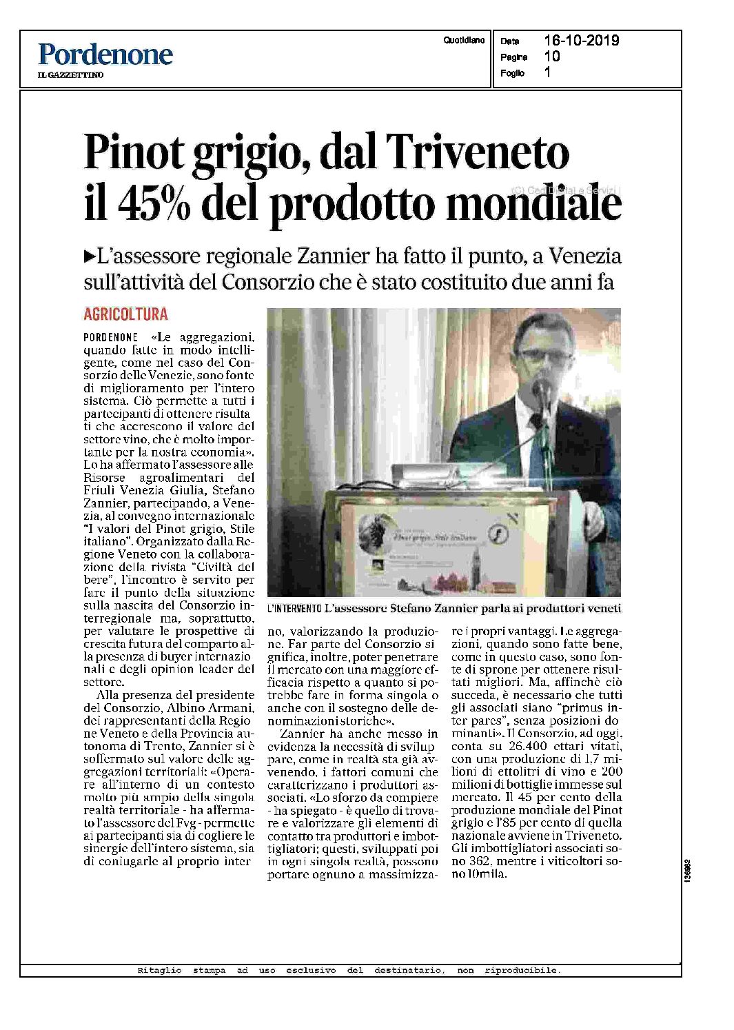 19 ottobre 2019 – Pordenone, Pinot grigio dal triveneto il 45% del prodotto Mondiale