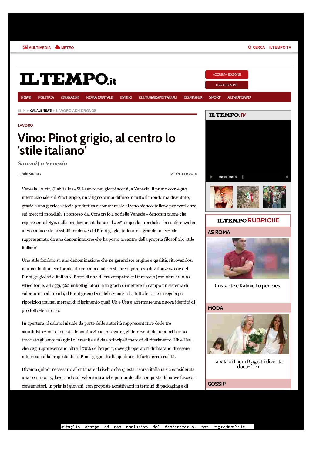19 ottobre 2019 – il Tempo, vini DOC, al centro lo Stile Italiano