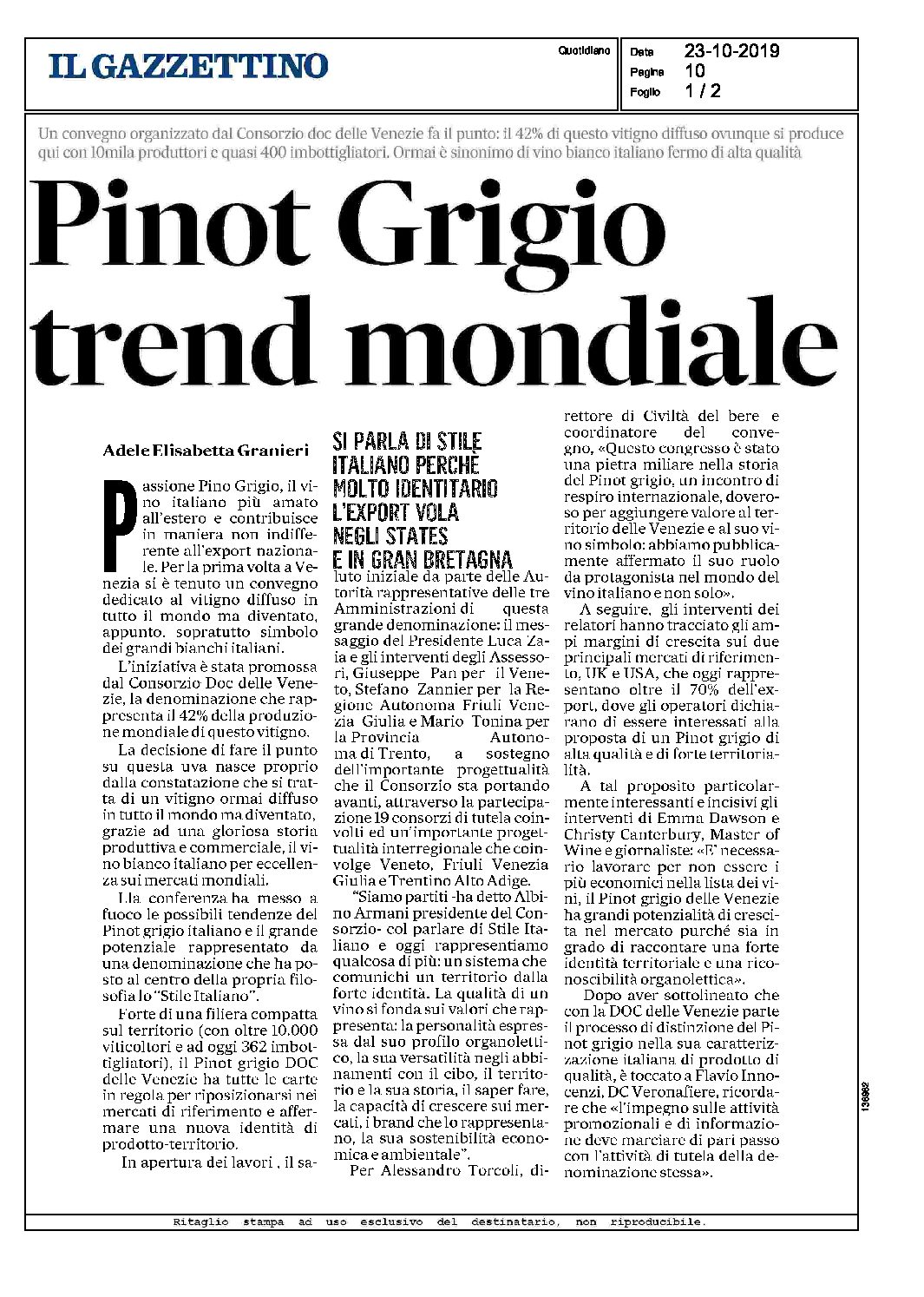 19 ottobre 2019 – il Gazzettino, Pinot grigio, trend Mondiale