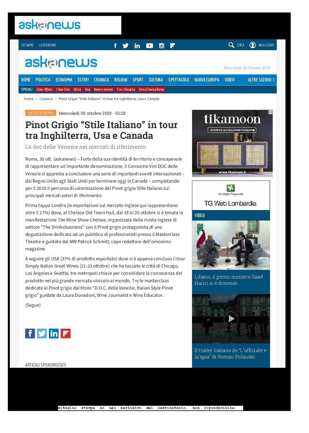19 ottobre 2019 – Askanews, Pinot Grigio “Stile Italiano” in tour tra Inghilterra, Usa e Canada