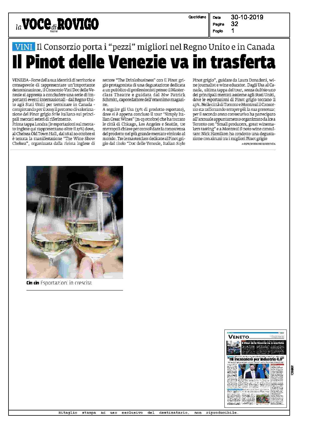19 ottobre 2019 – la voce di rovigo, il Pinot delle venezie va in trasferta
