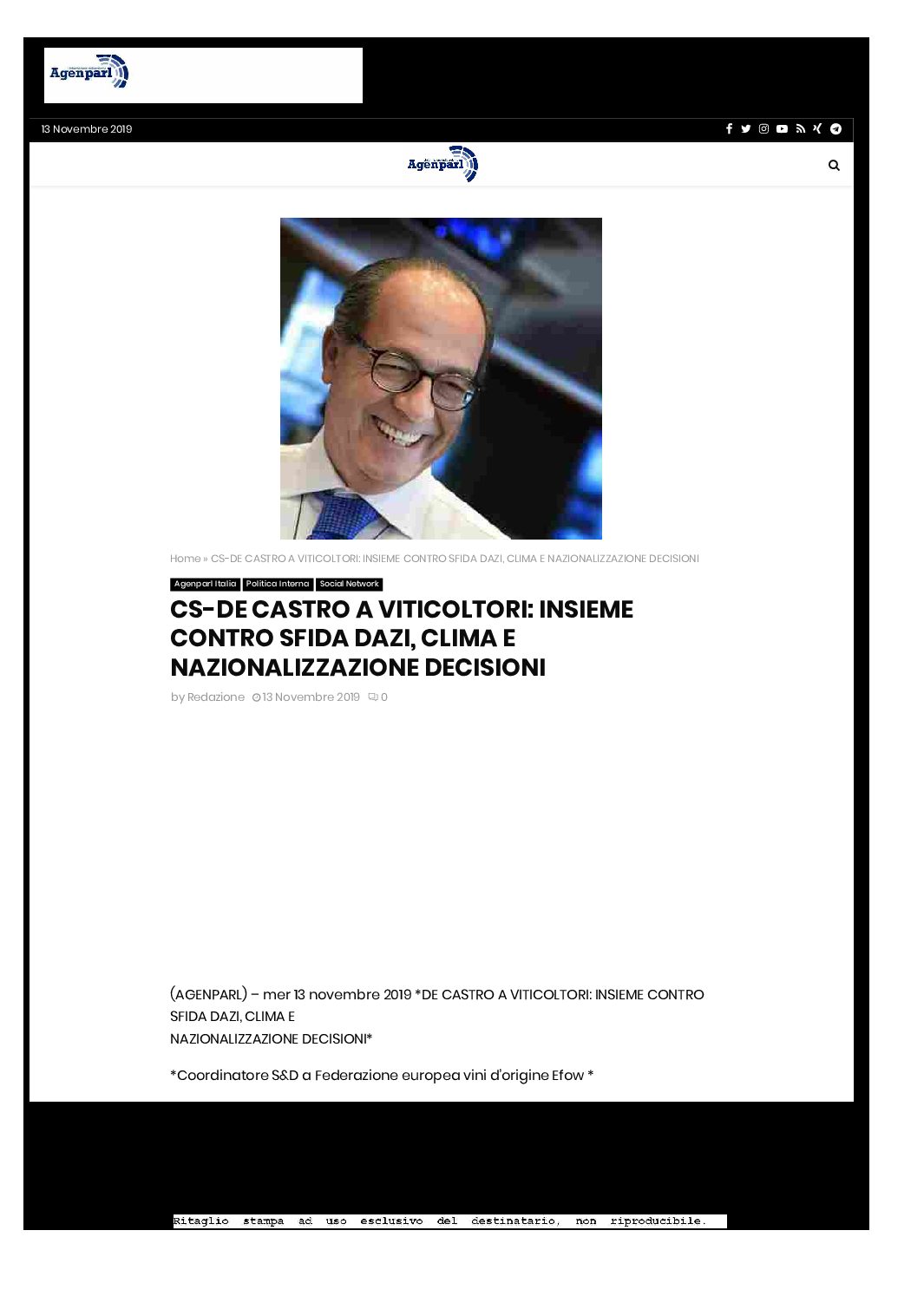 19 novembre 2019 – agenparl.eu, CS-DE CASTRO A VITICOLTORI: INSIEME CONTRO SFIDA DAZI, CLIMA E NAZIONALIZZAZIONE DECISIONI