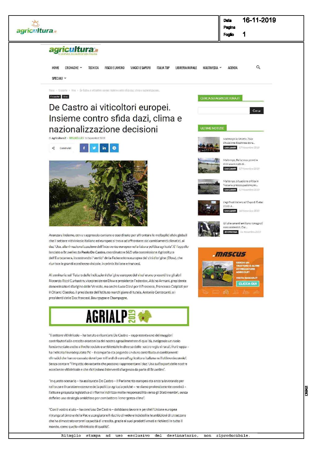 19 novembre 2019 – agricultura.it, de castro ai viticoltori europei. insieme contro sfida dazi, clima e nazionalizzazione decisioni
