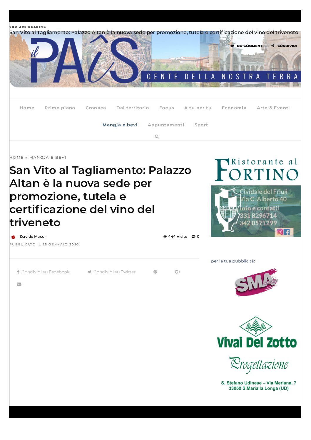 20 gennaio 2020 – il Pais, San Vito al Tagliamento: Palazzo Altan è la nuova sede per promozione, tutela e certificazione