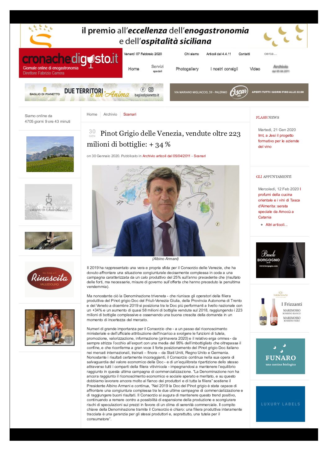 20 gennaio 2020 – Cronache di Gusto, Pinot Grigio delle Venezia, vendute oltre 223 GEN milioni di bottiglie: + 34 %