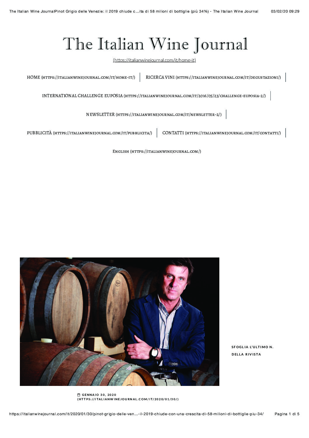 21 gennaio 2020 – the Wine Journal, Pinot Grigio delle Venezie: il 2019 chiude con una crescita di 58 milioni di bottiglie (più 34%)