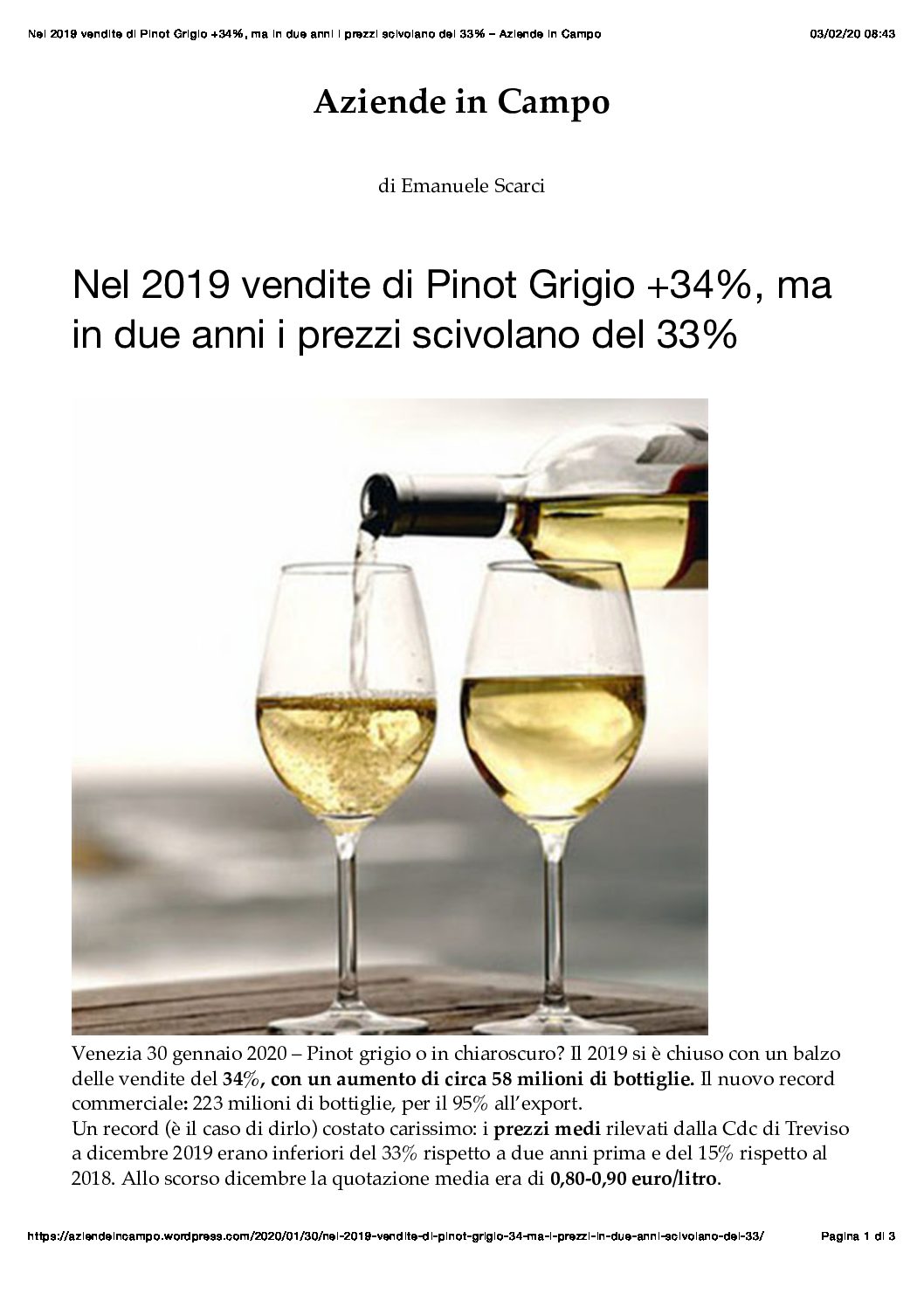 21 gennaio 2020 – Aziende in Campo, Nel 2019 vendite di Pinot Grigio +34%, ma in due anni i prezzi scivolano del 33%