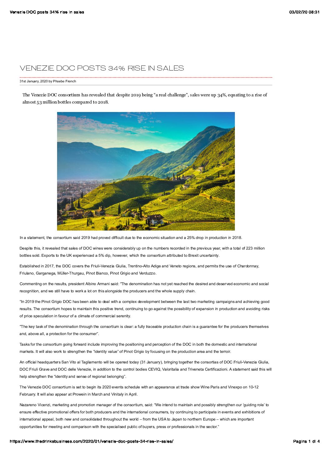 21 gennaio 2020 – the drinksbusiness, The Venezie DOC consortium has revealed that despite 2019 being “a real challenge”, sales were up 34%, equating to a rise of almost 53 million bottles compared to 2018.