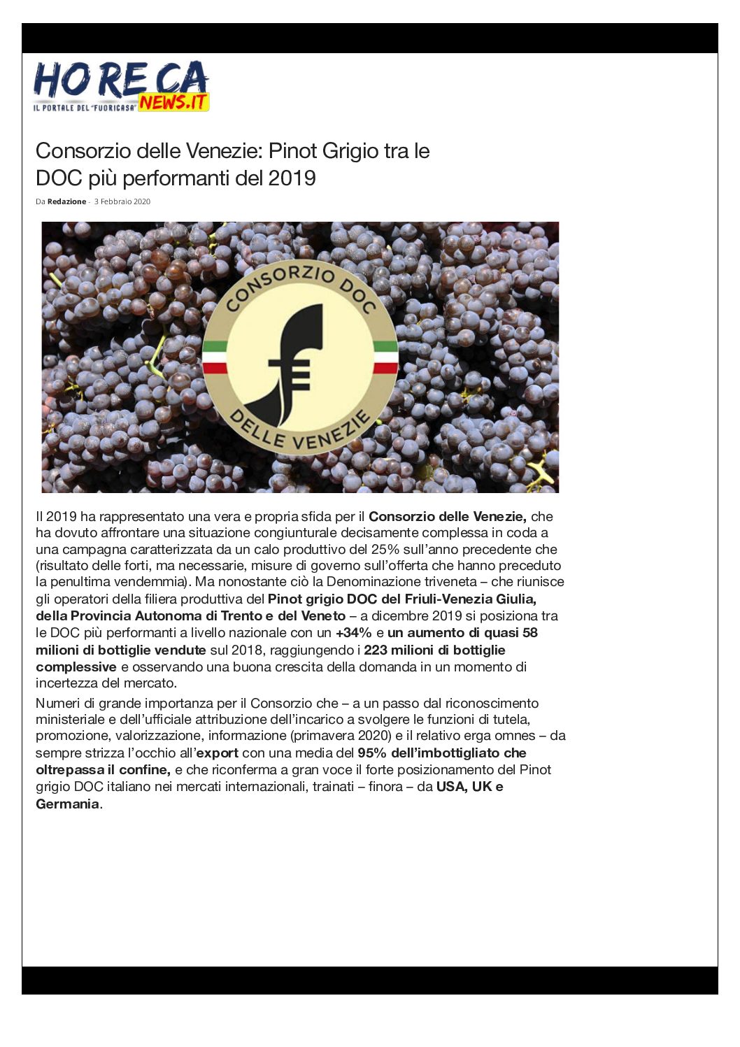 3 febbraio 2020 – Horecanews, Consorzio delle Venezie: Pinot Grigio tra le DOC più performanti del 2019