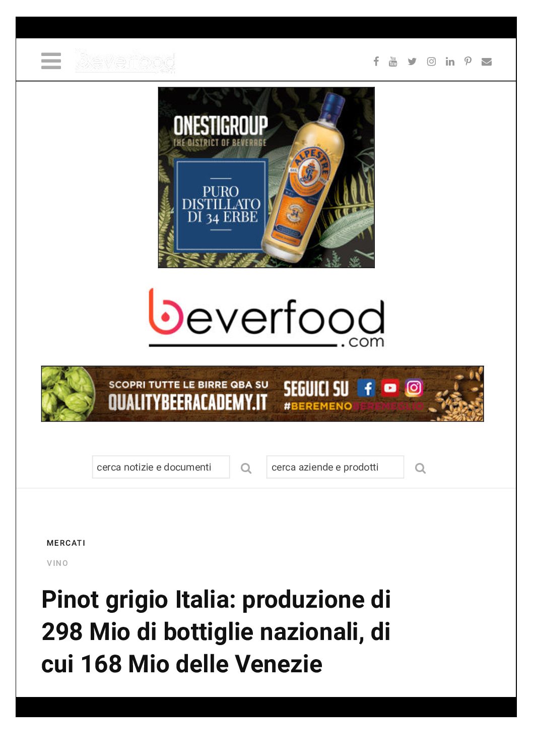 14 febbraio 2020 – Beverfood, Pinot grigio Italia: produzione di 298 Mio di bottiglie nazionali, di cui 168 Mio delle VEnezie