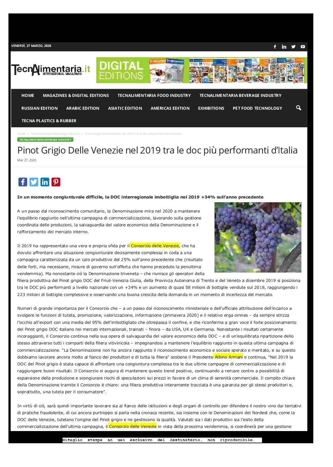 27 marzo 2020 – Tecnalimentaria, Pinot grigio delle Venezie nel 2019 tra le doc più performanti d’Italia