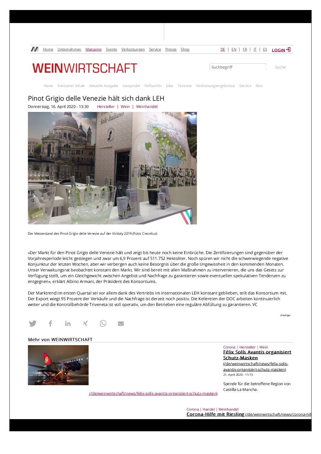 21 aprile 2020 – Weinwirtschaft, Pinot Grigio delle Venezie hält sich dank LEH