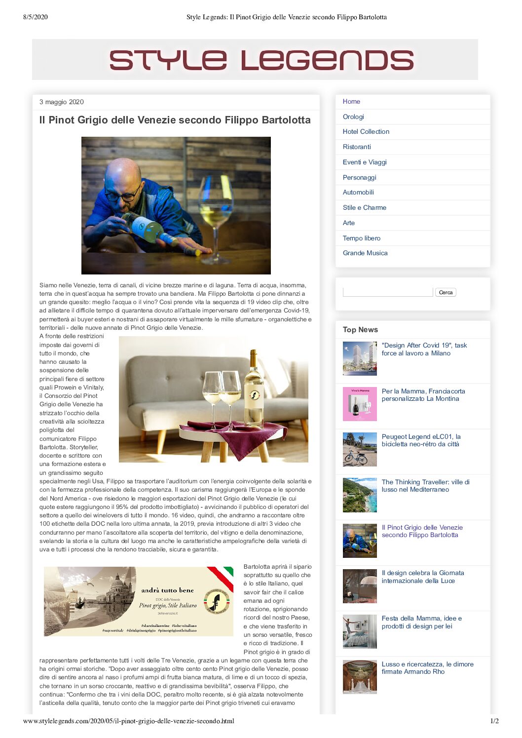 8 maggio 2020 – Style legends, Il Pinot Grigio delle Venezie secondo Filippo Bartolotta