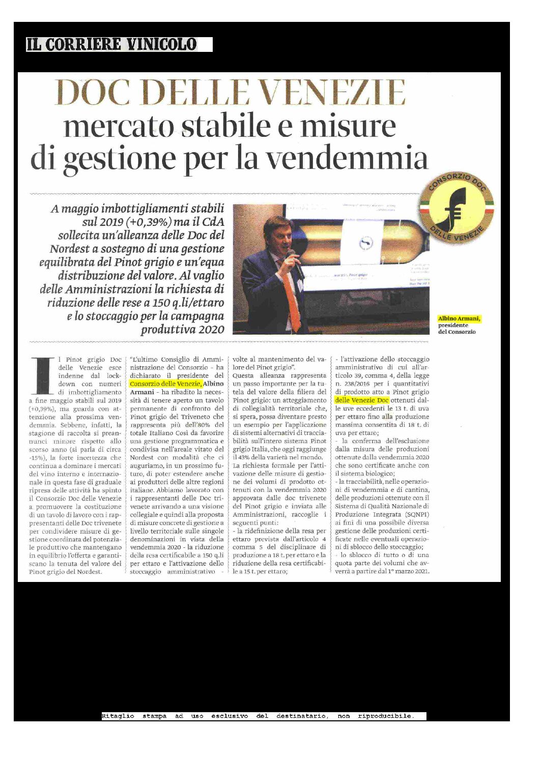 6 luglio 2020 – Corriere Vinicolo, DOC delle Venezie mercato stabile e misure di gestione della vendemmia